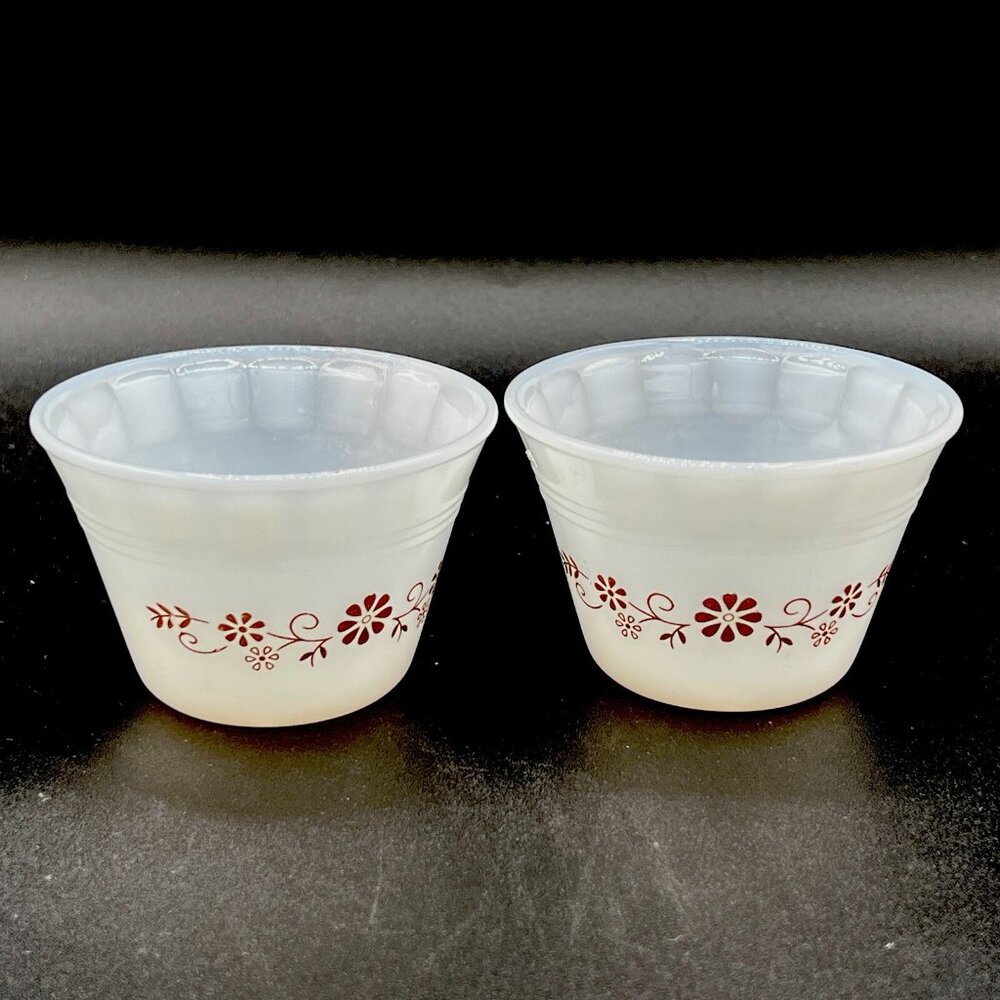 Set of 2 Vintage Dynaware Pyr-O-Rey Custard Cups Brown Daisy Flower